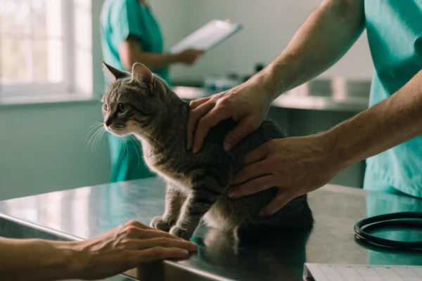 A veterinarian's hands examine a tabby cat in a clinic as rising appointment wait times strain pet care nationwide.