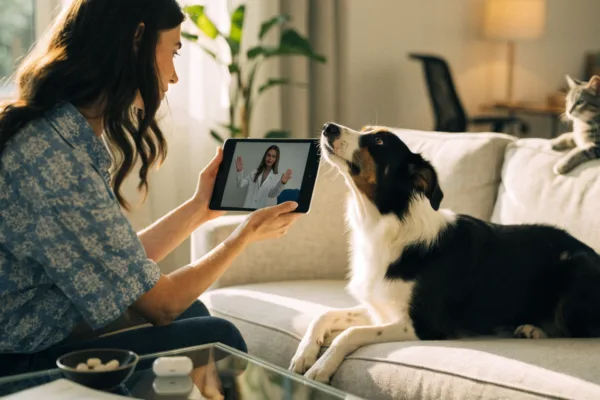A pet owner consults a veterinarian by video call on a tablet as her dog looks on.