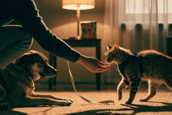 A person's hand rewards a cat in a walking harness with a treat while a relaxed dog watches nearby.