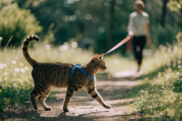 A tabby cat in a harness confidently leads its owner down a sunny park path on a leash walk.