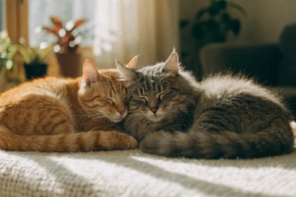 Two bonded shelter cats, an orange tabby and gray tabby, curled asleep together in a cozy home.
