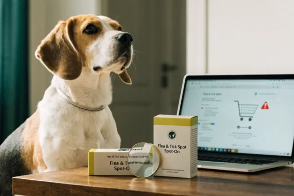 A Beagle sits beside an online pharmacy checkout and flea treatment boxes, one possibly counterfeit.