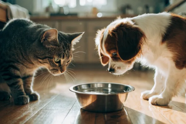 A dog and cat sharing a water bowl at home, where drinking habits can reveal early signs of health issues.
