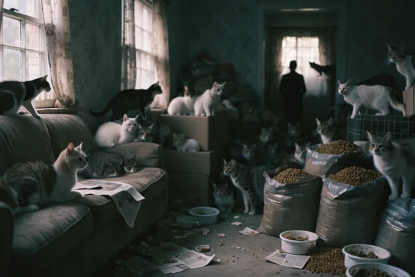 Dozens of cats crowd a dim, cluttered living room, illustrating the hidden crisis of animal hoarding.