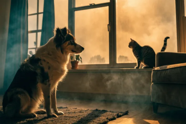 A dog and cat watch an orange, smoke-filled wildfire sky from the safety of indoors.