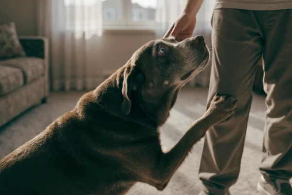 A senior dog with cloudy, cataract-affected eyes leans anxiously against its owner, signaling possible vision loss.